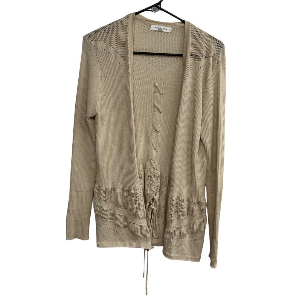 August Silk Beige Open Cardigan M Lace Back Minimalist Quiet Lux Elevated Basics